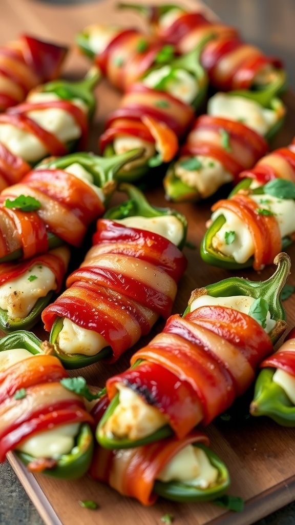 A colorful platter of bacon-wrapped jalapeños stuffed with cheese, garnished with herbs, on a rustic wooden board.